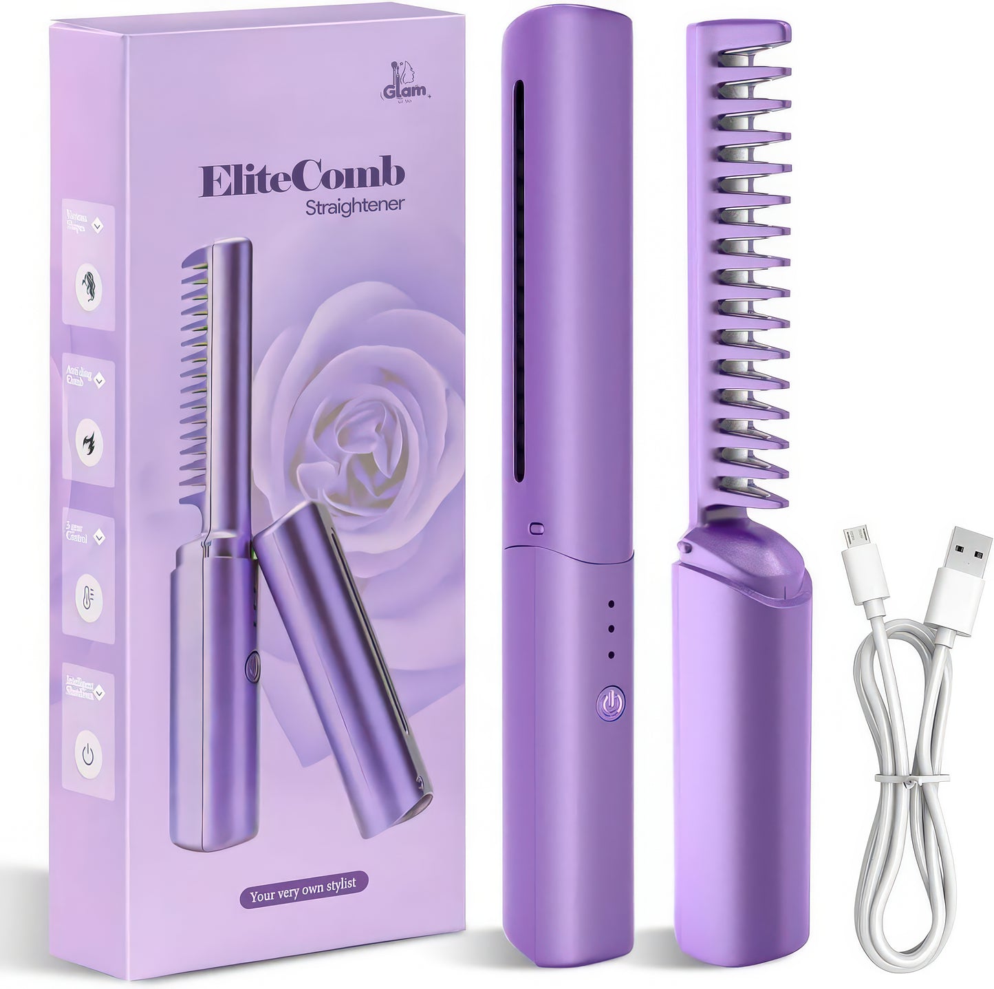 Elite Straight Comb™ – Portable Hair Straightener Brush for Women | Fast Heat-Up, Anti-Frizz, Cordless Design for Travel & Daily Use